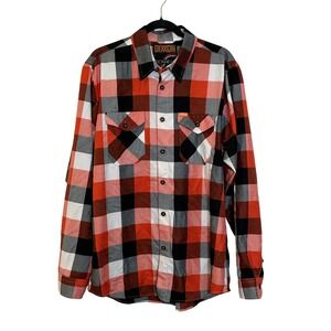 Dixxon Flannel‎ Co. Ironhead WTF Button Up Shirt Size L Black Orange White Plaid